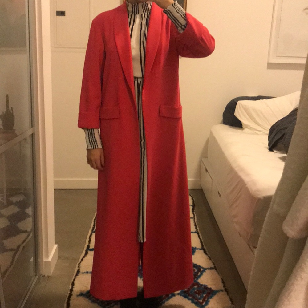 Floor length hot pink cuffed sleeve blazer